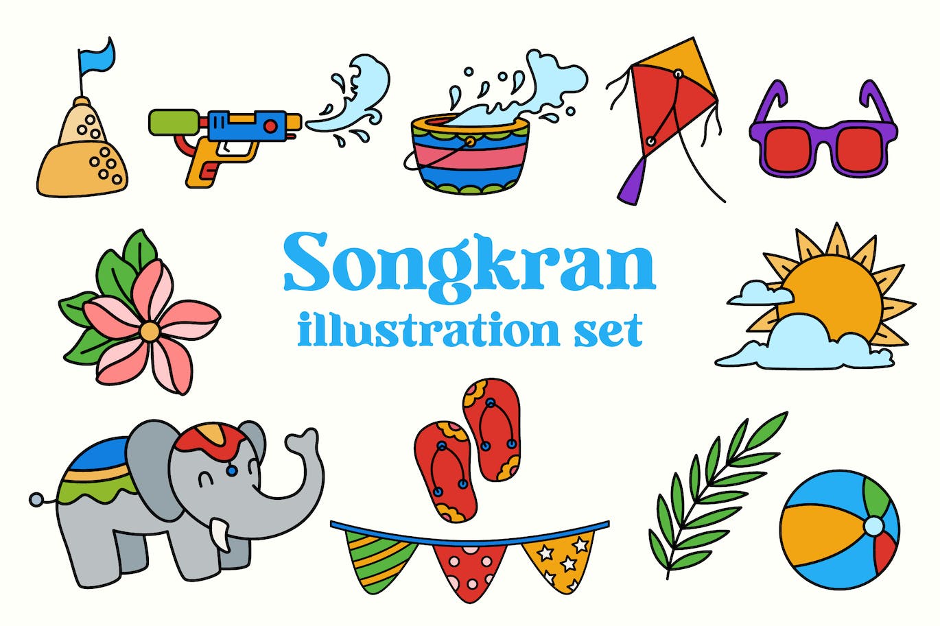 宋干节泼水节元素插画集 Songkran Illustration Set 图片素材 第1张