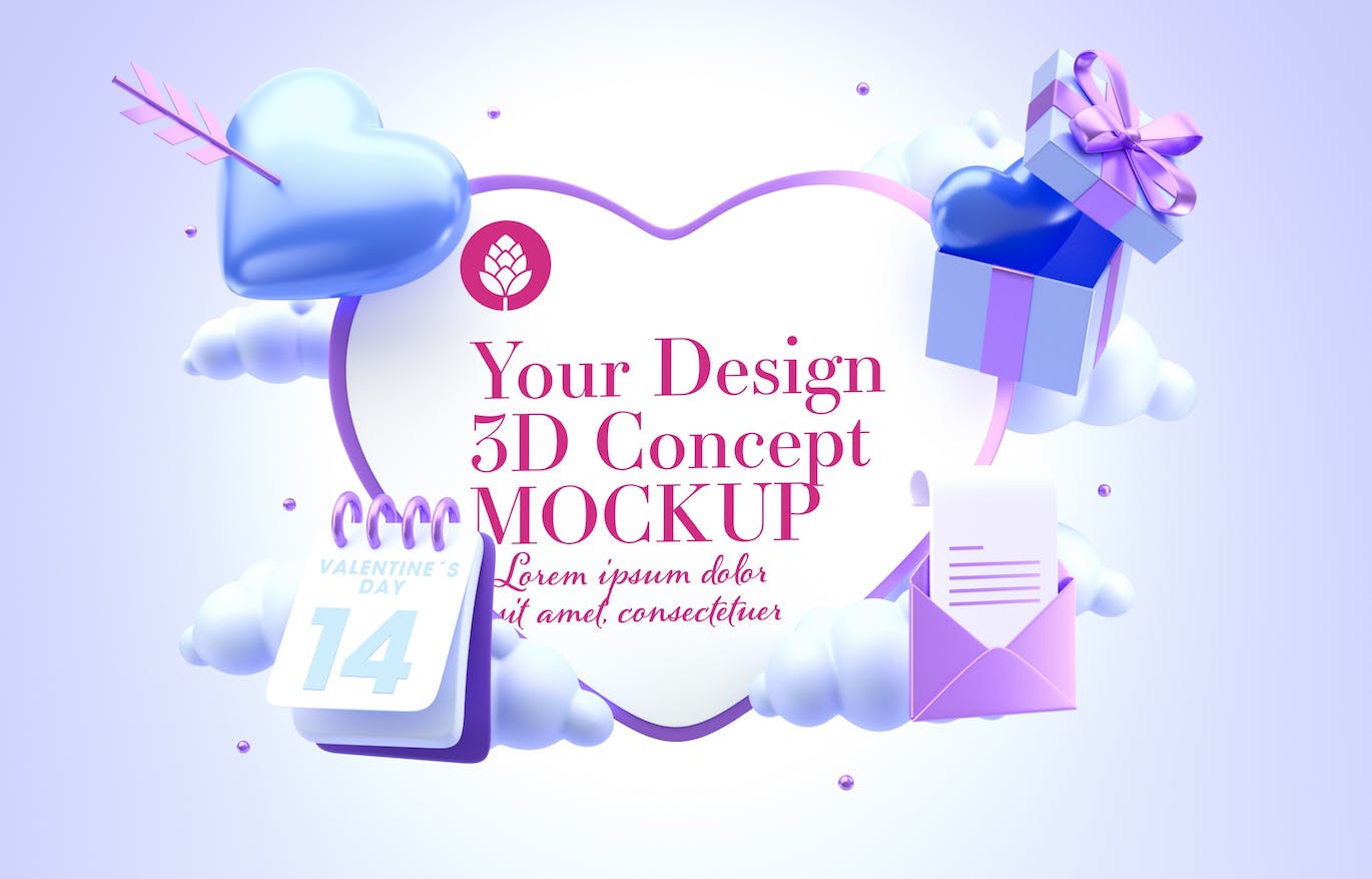 爱心情人节3D概念样机图psd素材 Set Valentine’s Day Concept Mockup 样机素材 第15张