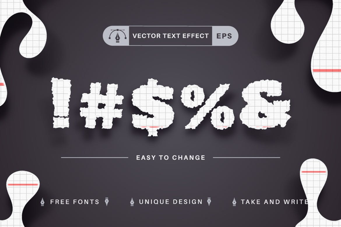 撕裂纸张矢量文字效果字体样式 Torn Paper – Editable Text Effect, Font Style APP UI 第3张