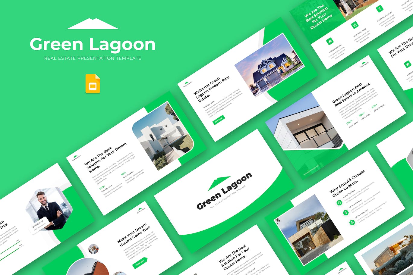 绿色房地产建筑谷歌幻灯片设计模板 Green Lagoon – Real Estate Google Slide Template 幻灯图表 第1张