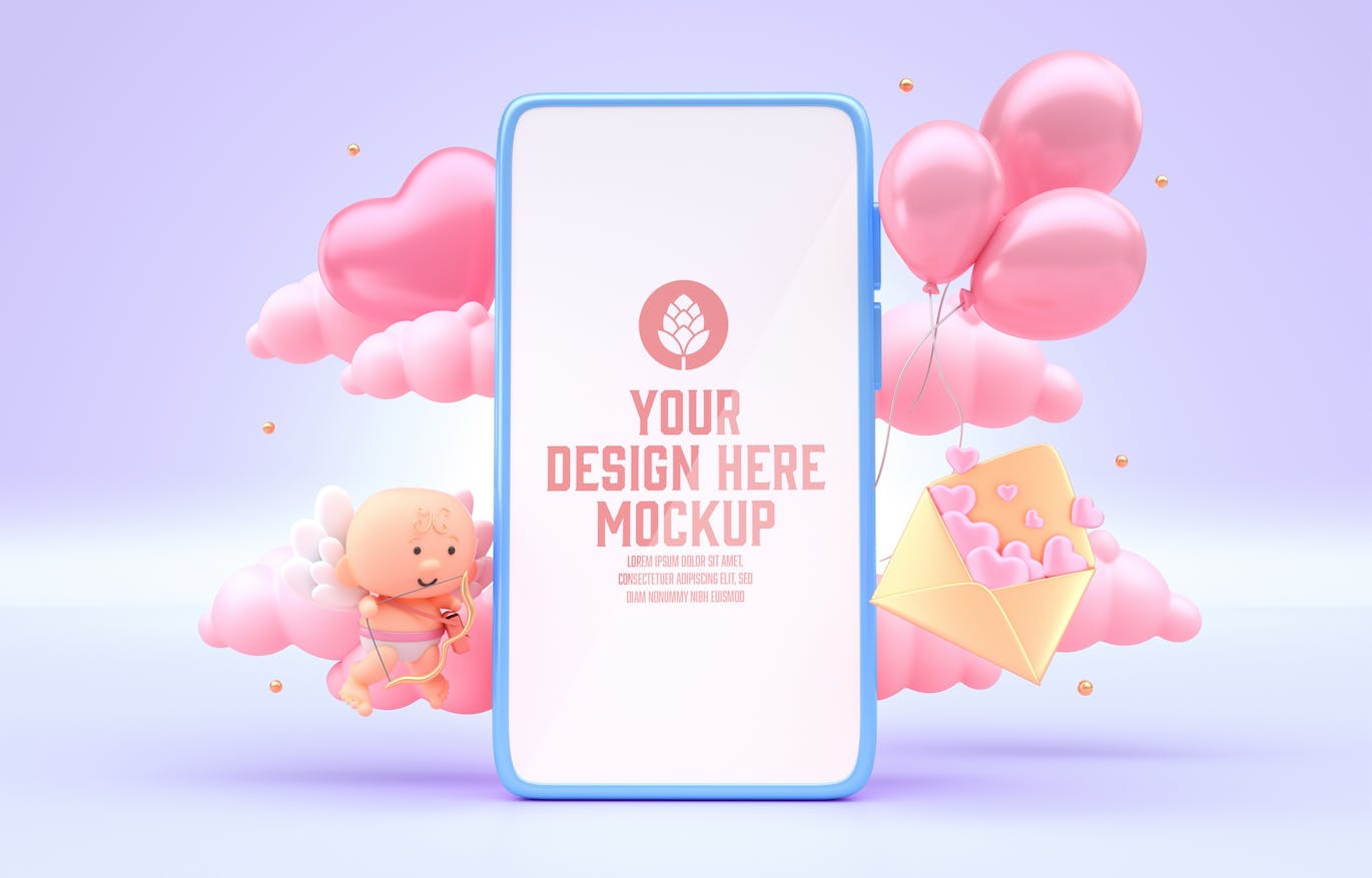 情人节3D装饰手机屏幕样机图psd素材 Set Valentine’s Day Concept with Mobile Mockup APP UI 第8张