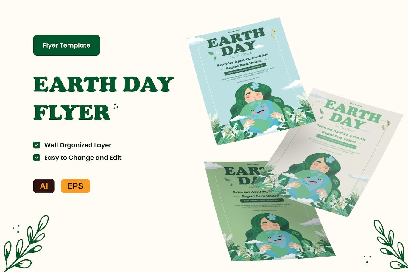 地球日创意传单AI&EPS矢量模板 Earth Day Creative Flyer Ai & EPS Template 设计素材 第1张