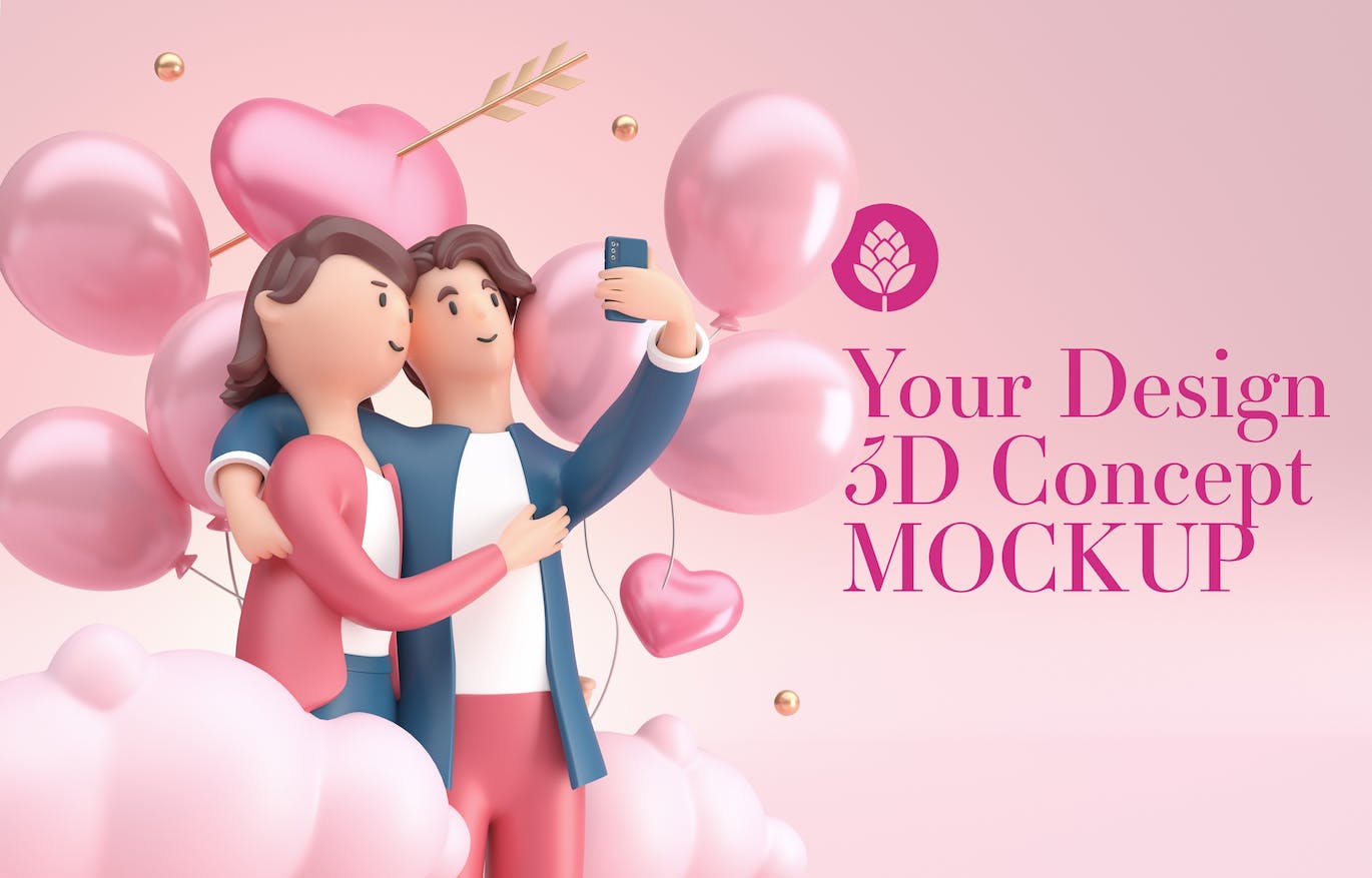 爱心情人节3D概念样机图psd素材 Set Valentine’s Day Concept Mockup 样机素材 第14张