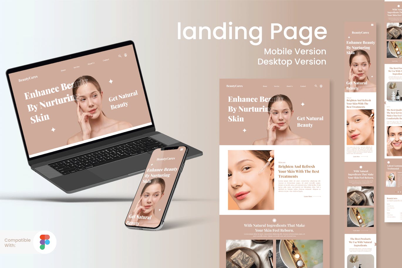 护肤品网站响应式设计着陆页主页模板 Skincare Landing Page APP UI 第1张