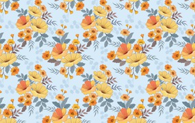黄色和橙色花朵无缝图案素材 Yellow and orange flowers seamless pattern.