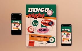 白色平面设计宾果之夜宣传单素材 White Flat Design Bingo Night Flyer Set
