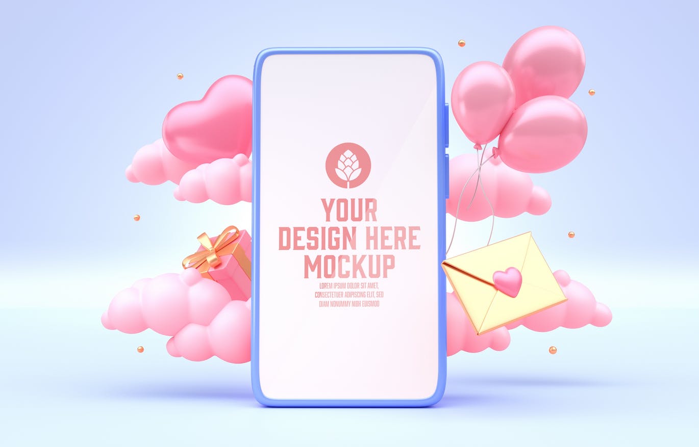 情人节3D装饰手机屏幕样机图psd素材 Set Valentine’s Day Concept with Mobile Mockup APP UI 第3张