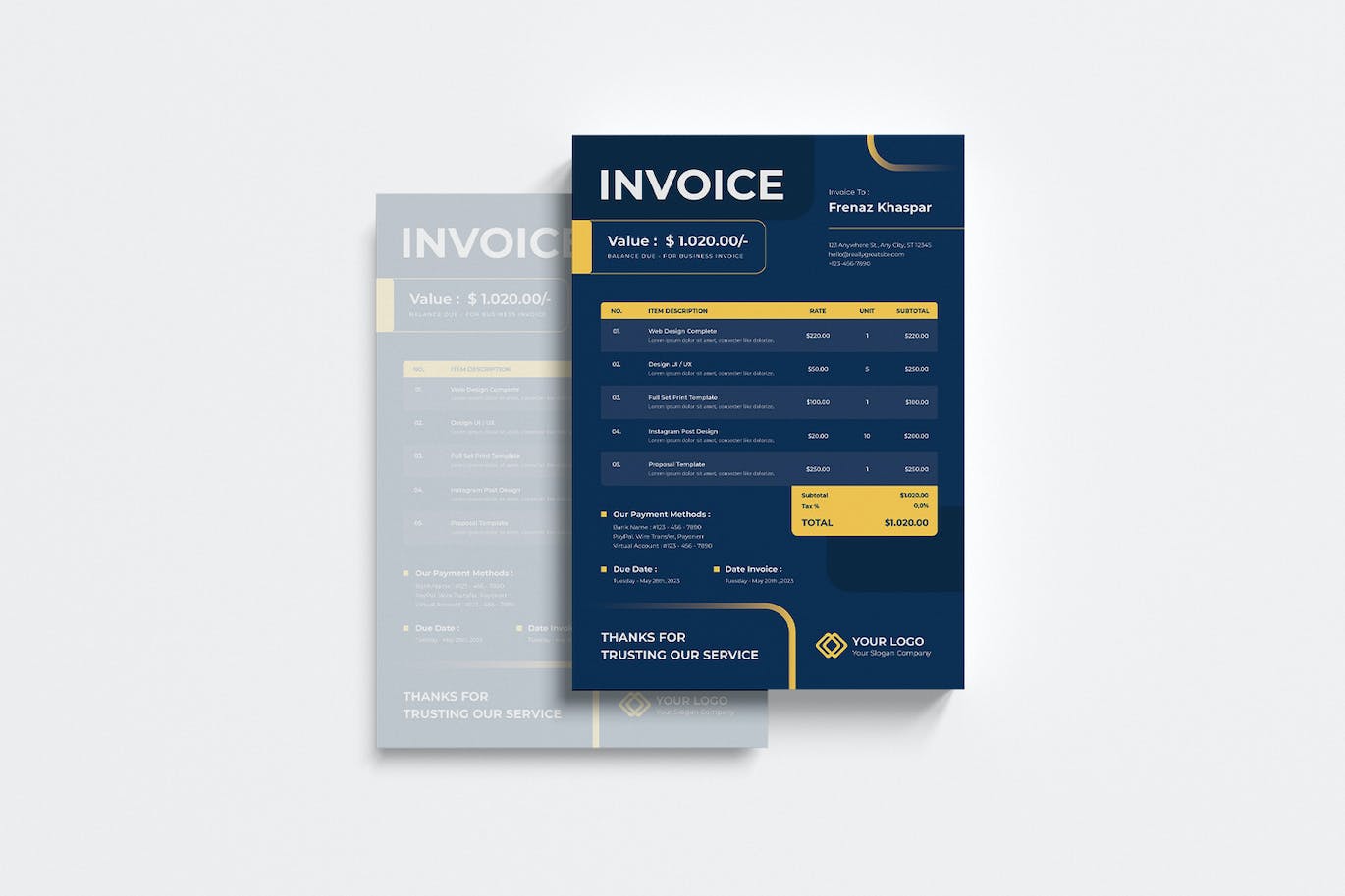蓝黄配色商业单据发票设计模板 Blue Yellow Invoice 设计素材 第3张