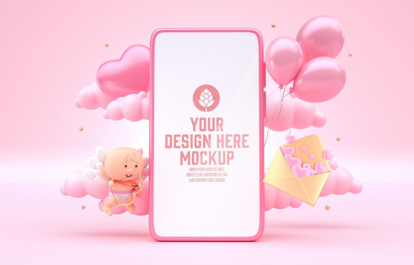 情人节3D装饰手机屏幕样机图psd素材 Set Valentine’s Day Concept with Mobile Mockup APP UI 第12张