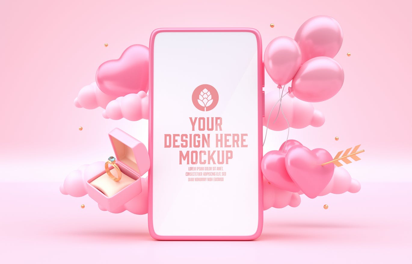 情人节3D装饰手机屏幕样机图psd素材 Set Valentine’s Day Concept with Mobile Mockup APP UI 第11张