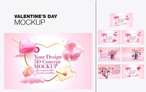 爱心情人节3D概念样机图psd素材 Set Valentine’s Day Concept Mockup
