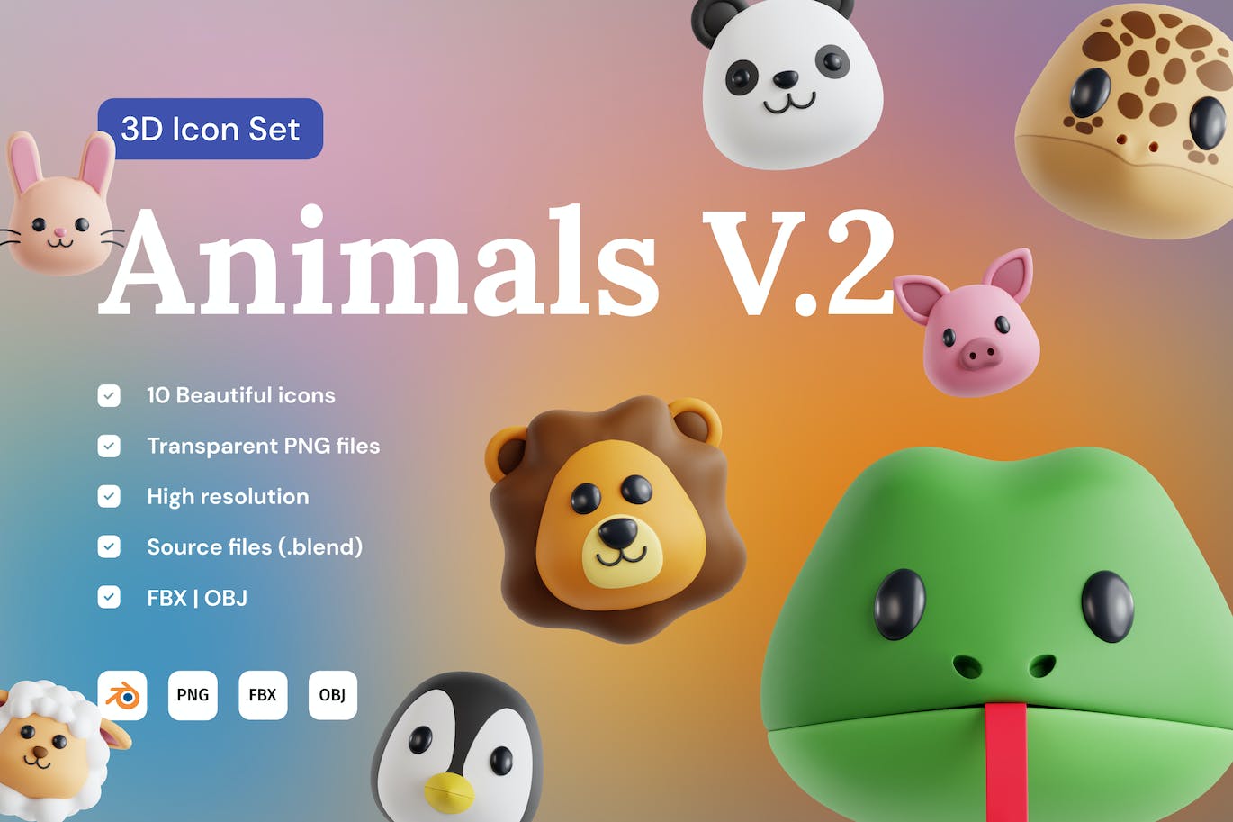 3D动物头像图标集v2 Animals v.2 3D Icon Set 图标素材 第1张