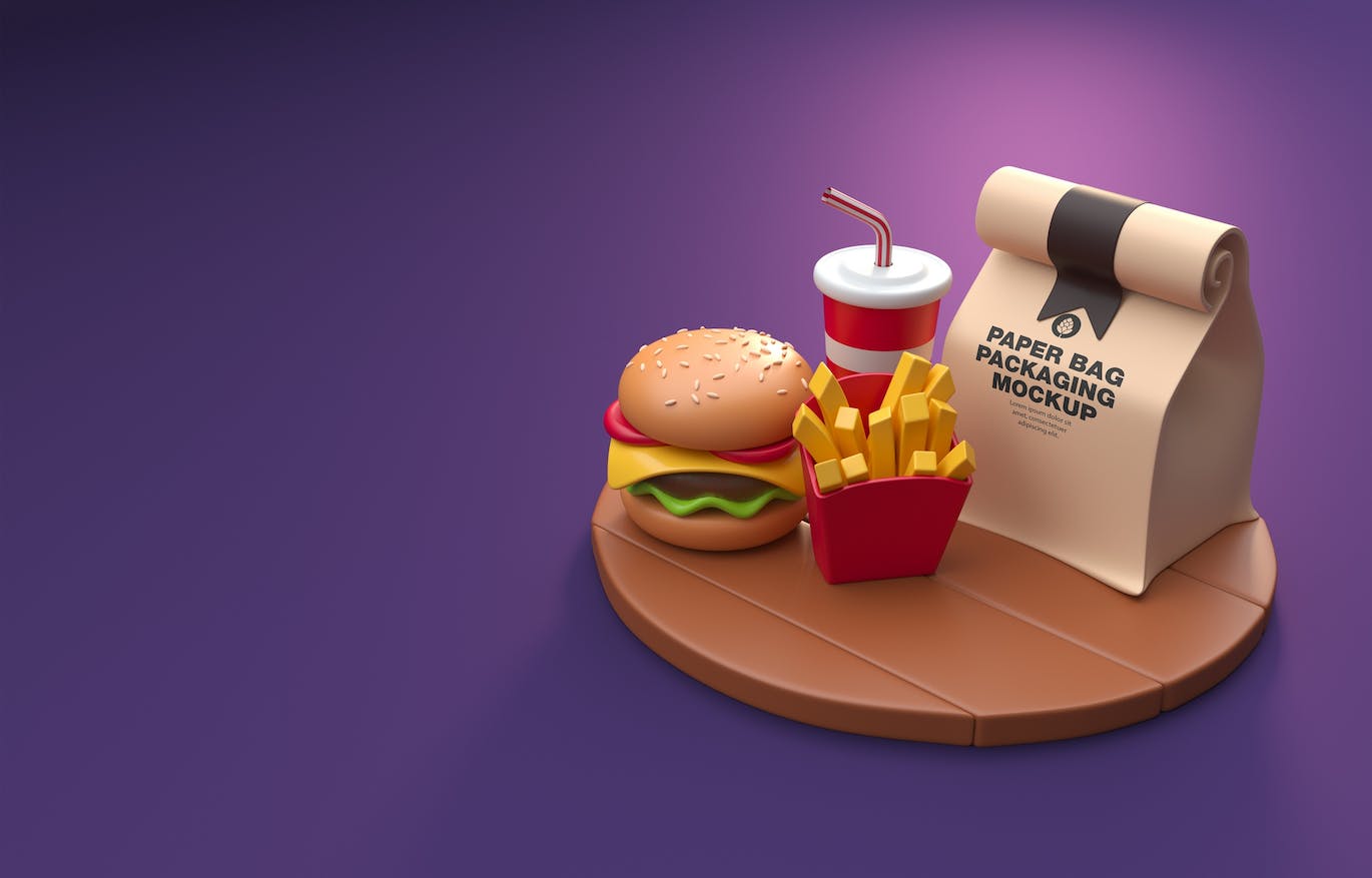 卡通快餐食品外卖包装样机图psd素材 Set Cartoon Fast Food Mockup 样机素材 第7张