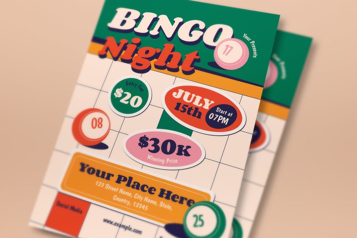 白色平面设计宾果之夜宣传单素材 White Flat Design Bingo Night Flyer Set 设计素材 第2张