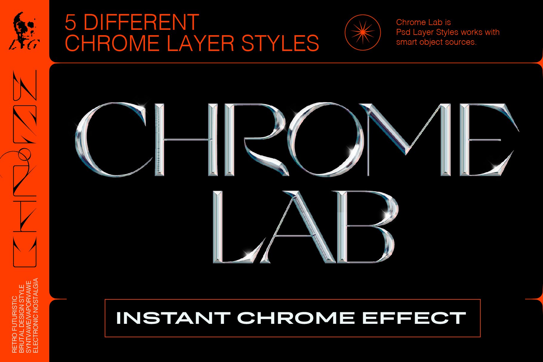 5种复古未来主义抽象酸性外观镀铬元素PSD字体样式合集 Chrome Lab 设计素材 第1张