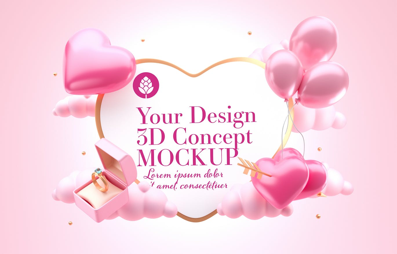 爱心情人节3D概念样机图psd素材 Set Valentine’s Day Concept Mockup 样机素材 第6张