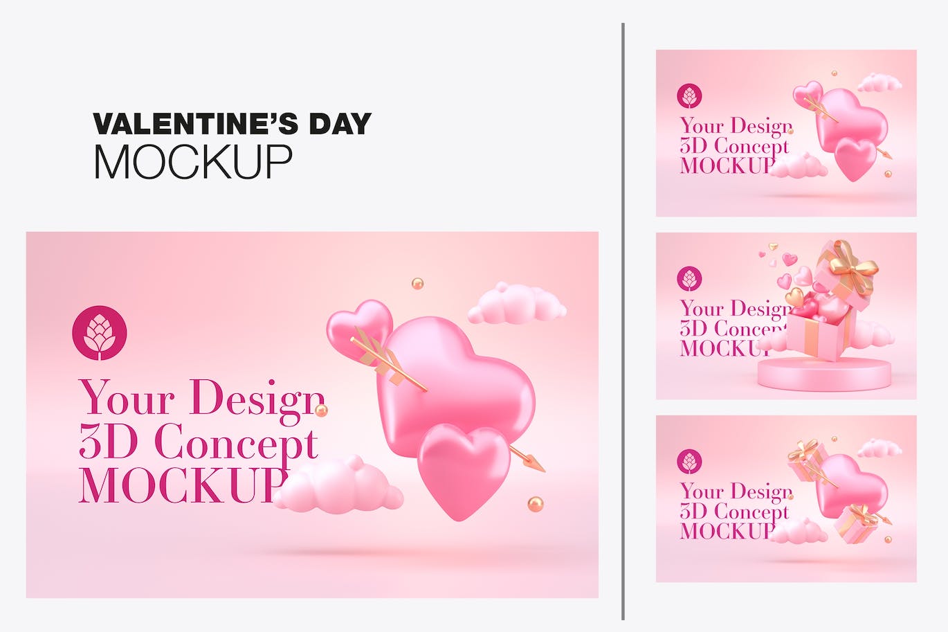情人节3D礼品装饰概念样机图psd素材 Set Valentine’s Day Concept Mockup 图片素材 第1张