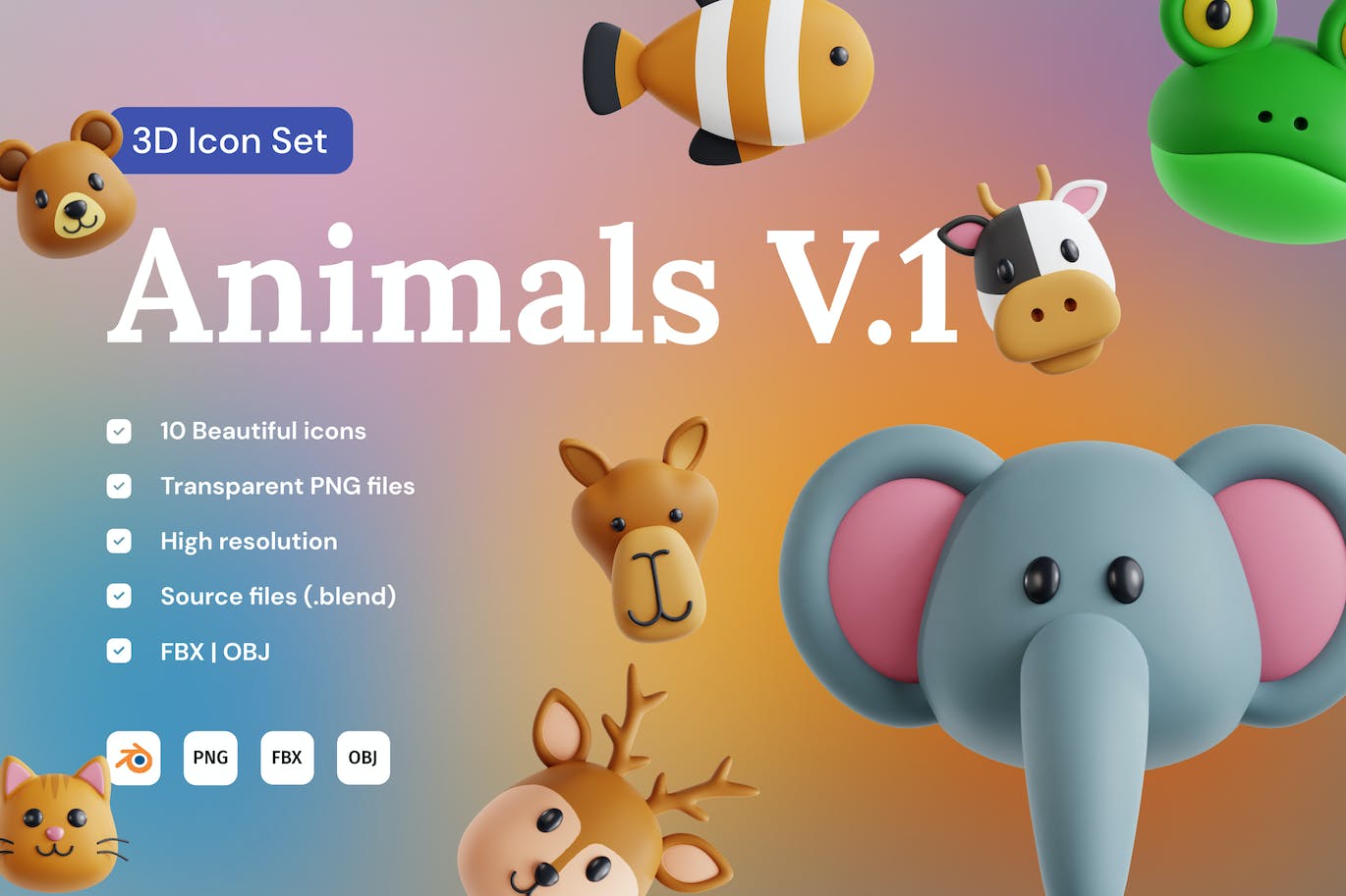 3D动物头像图标集v1 Animals V.1 3D Icon Set APP UI 第1张