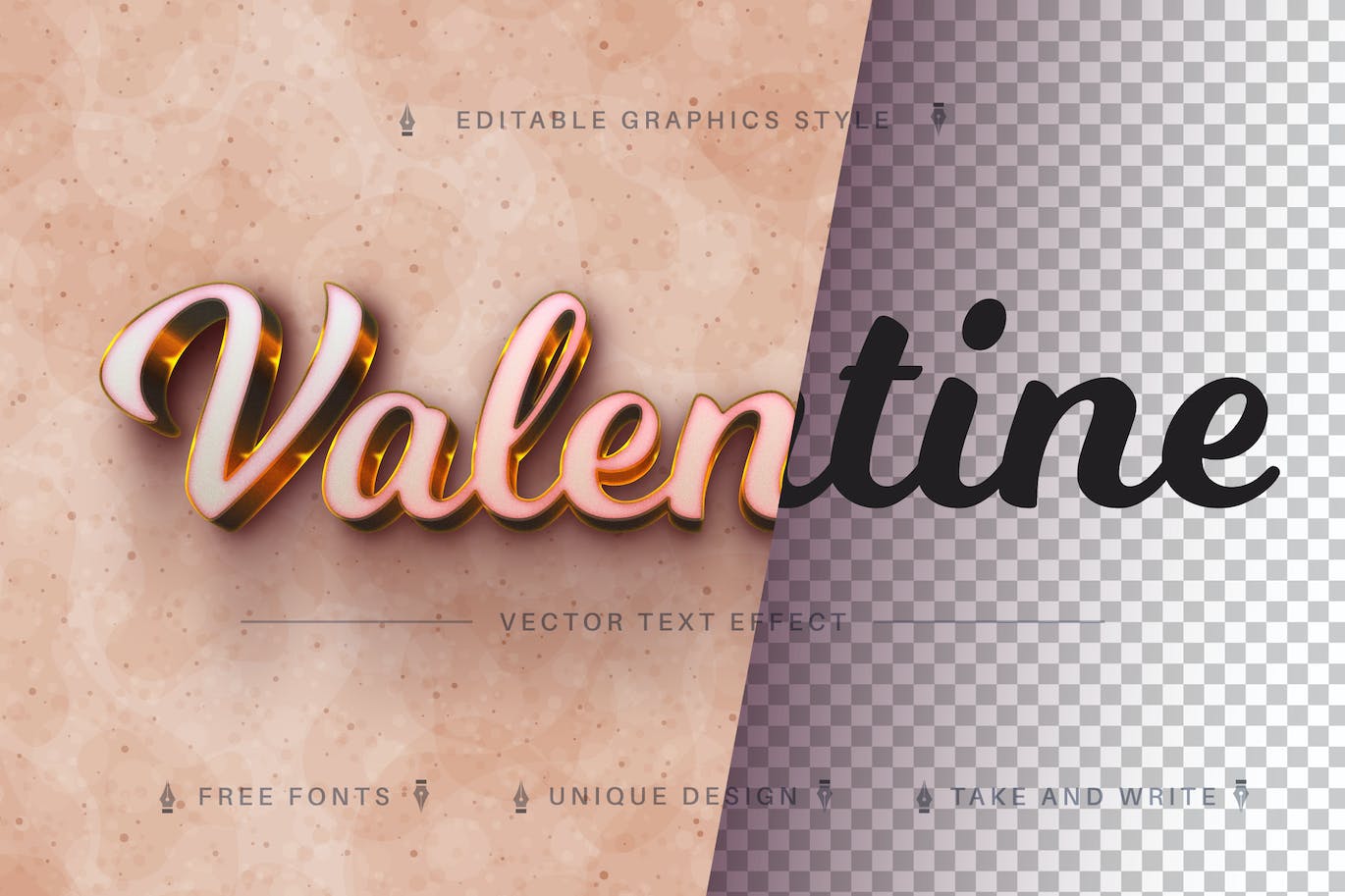 情人节亮金色矢量文字效果字体样式 Valentine Gold – Editable Text Effect, Font Style 插件预设 第1张