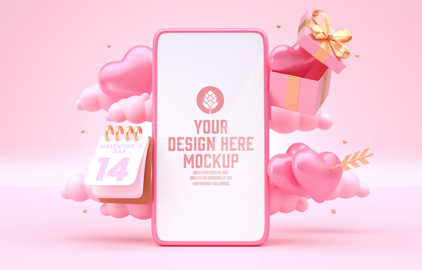 情人节3D装饰手机屏幕样机图psd素材 Set Valentine’s Day Concept with Mobile Mockup APP UI 第14张