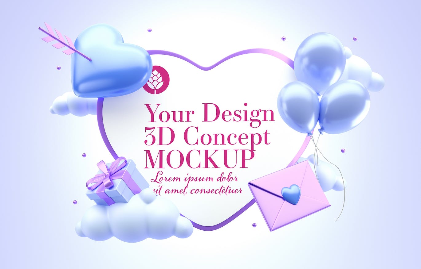 爱心情人节3D概念样机图psd素材 Set Valentine’s Day Concept Mockup 样机素材 第5张