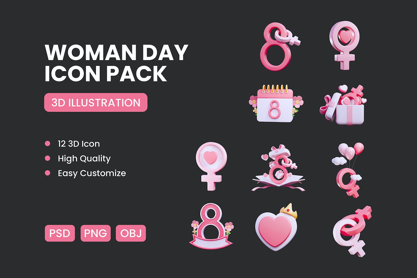 妇女节3D图标包 Woman Day 3D Icon Pack 图标素材 第1张