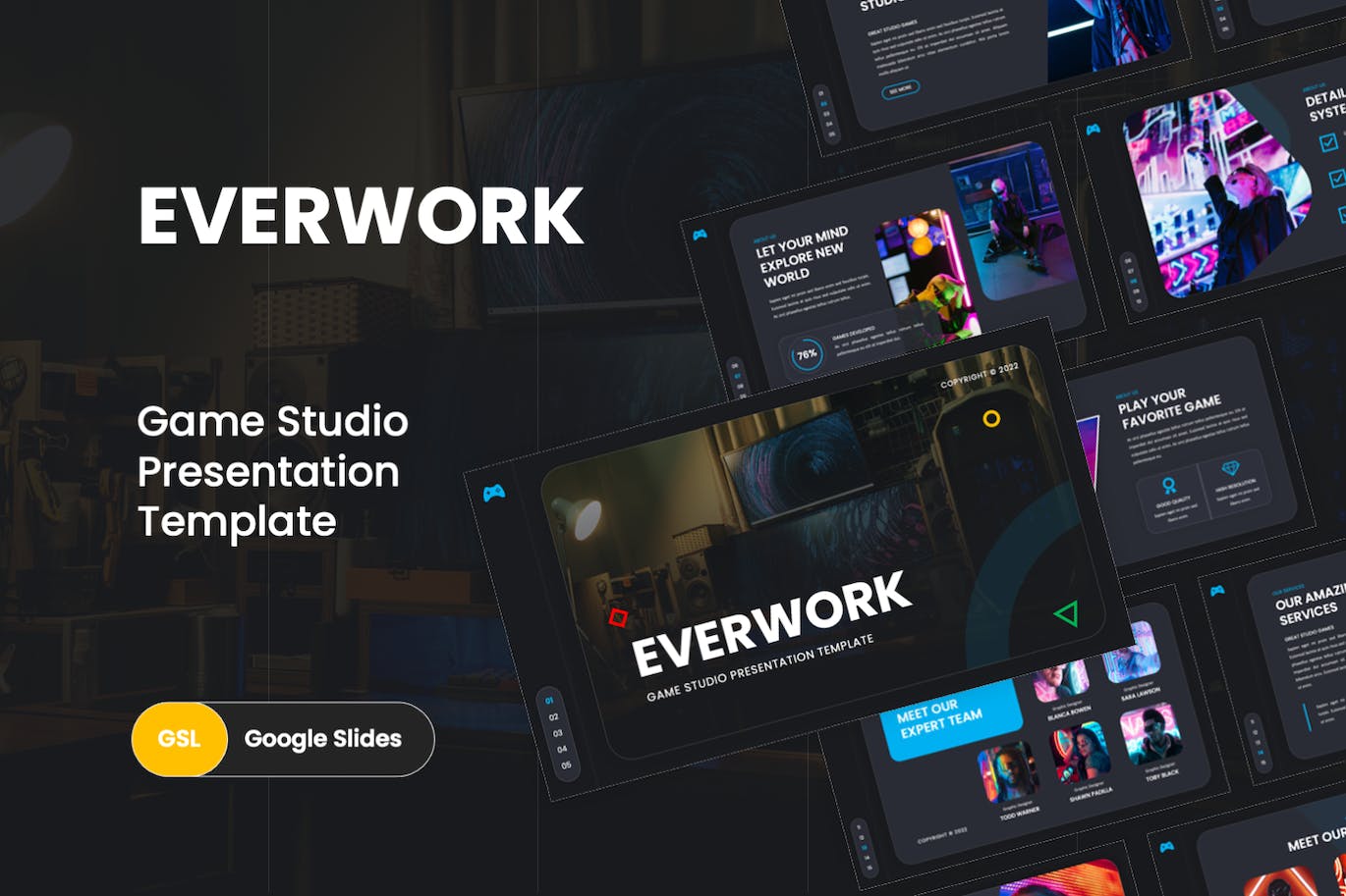游戏工作室Google幻灯片模板下载 Everwork – Gaming Studio Google Slides Template 幻灯图表 第1张