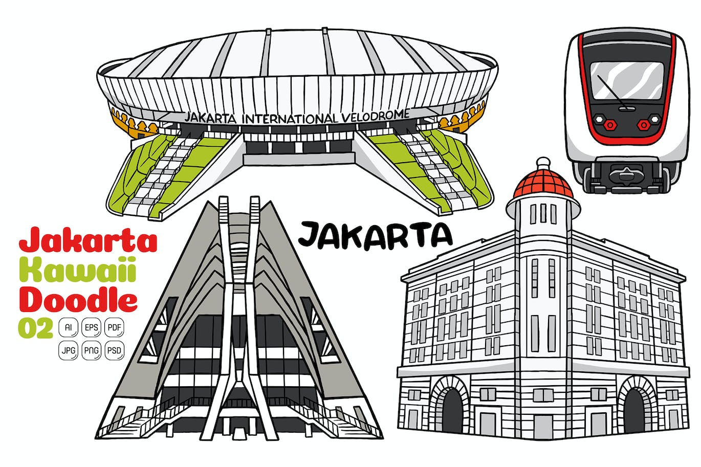 雅加达涂鸦艺术风格矢量插画 Jakarta Kawaii Doodle Vector Illustration #02 图片素材 第1张