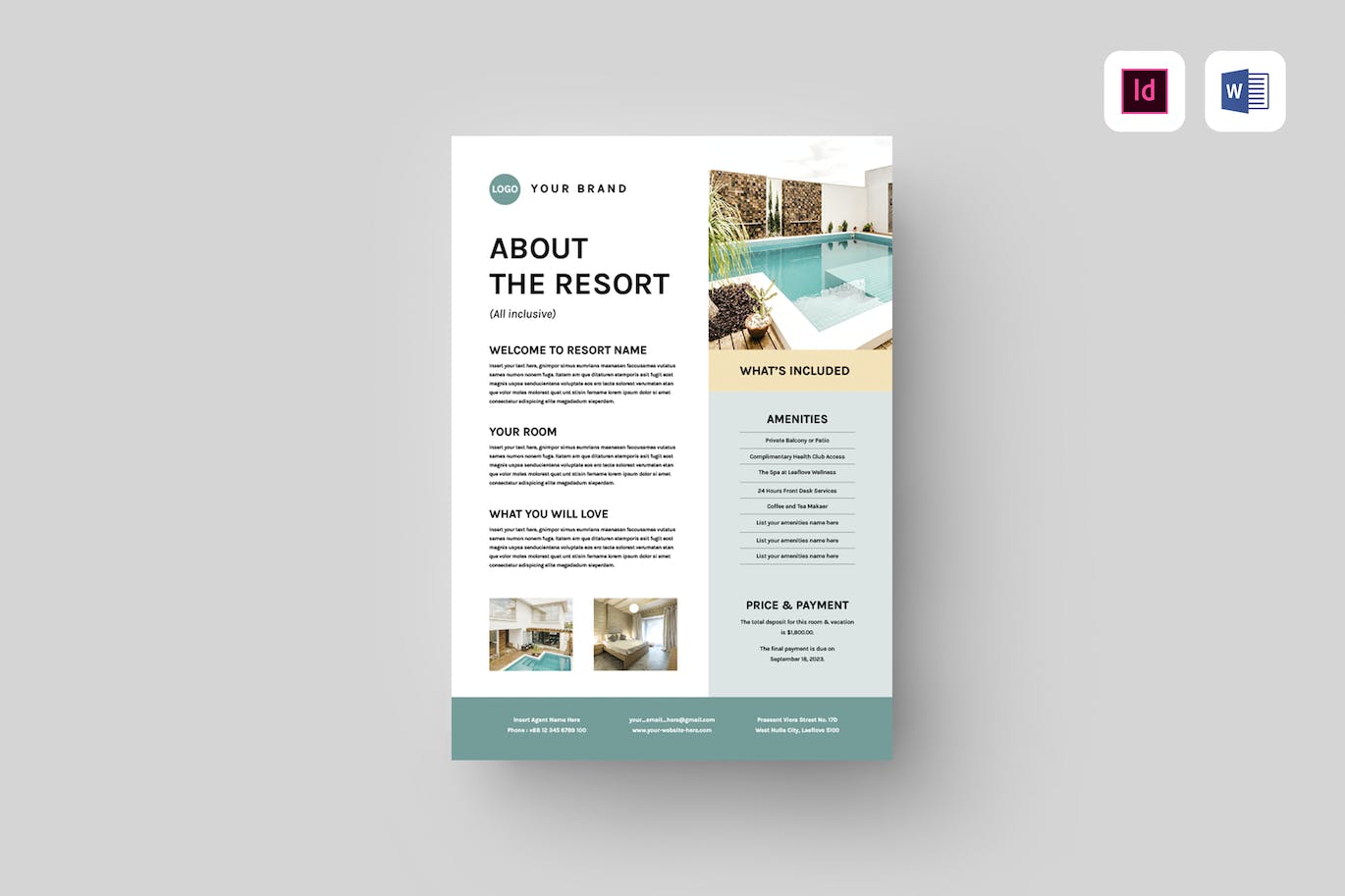 酒店度假村传单海报模板 Resort Flyer | MS Word & Indesign 设计素材 第1张