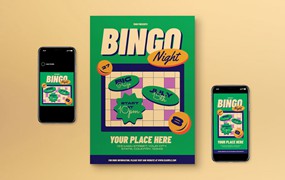 绿色平面设计宾果之夜海报模板下载 Green Flat Design Bingo Night Flyer Set