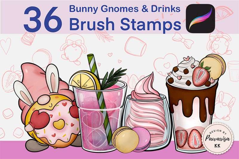 36个兔子卡通和饮料线描画Procreate笔刷 APP UI 第1张
