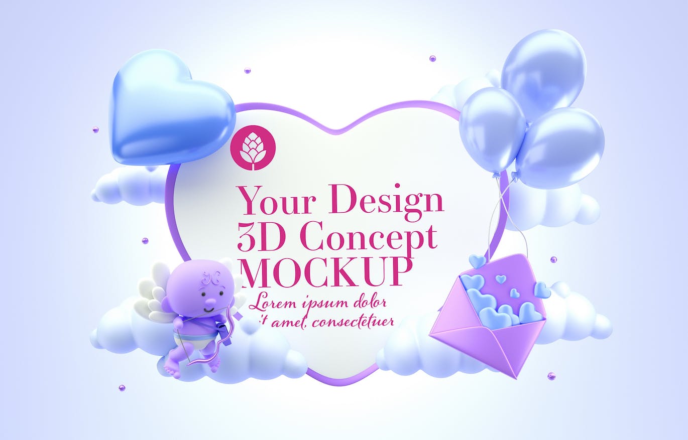 爱心情人节3D概念样机图psd素材 Set Valentine’s Day Concept Mockup 样机素材 第2张