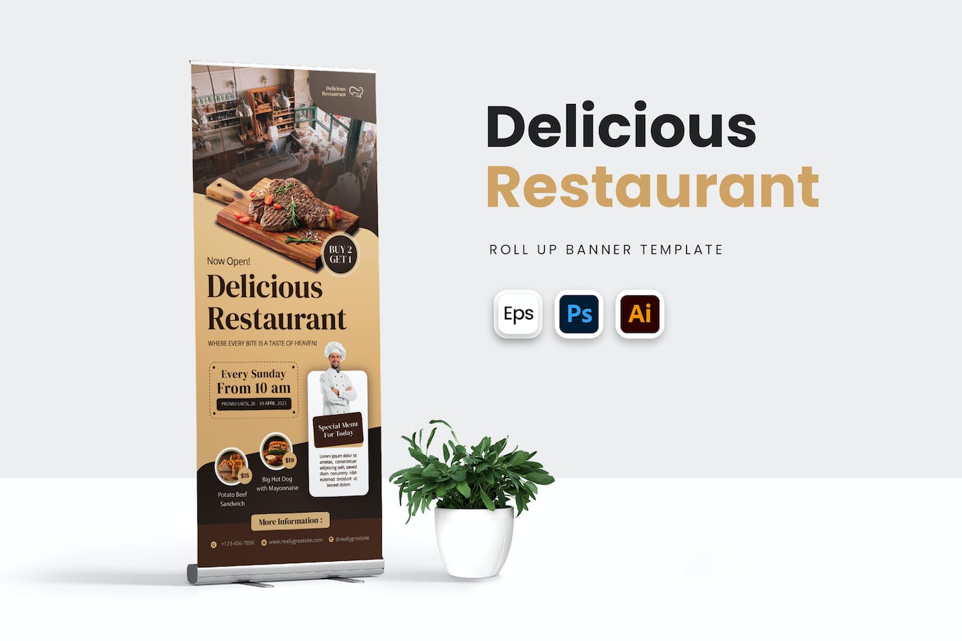美味餐厅易拉宝模板 Delicious Resto Roll Up Banner APP UI 第1张