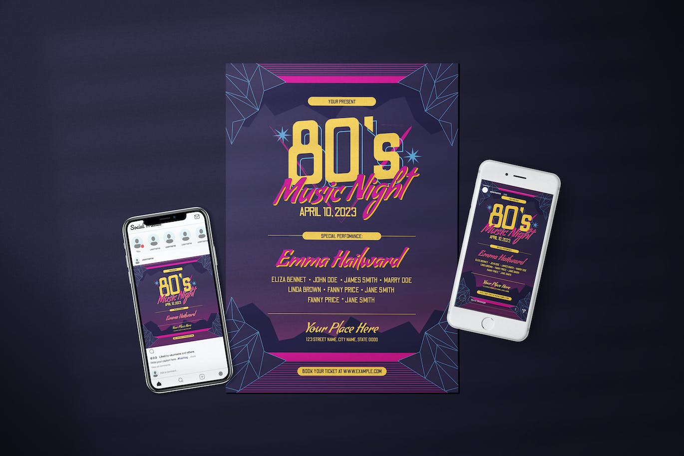 80年代音乐会宣传单模板 80s Music Concert – Flyer Media Kit 设计素材 第1张