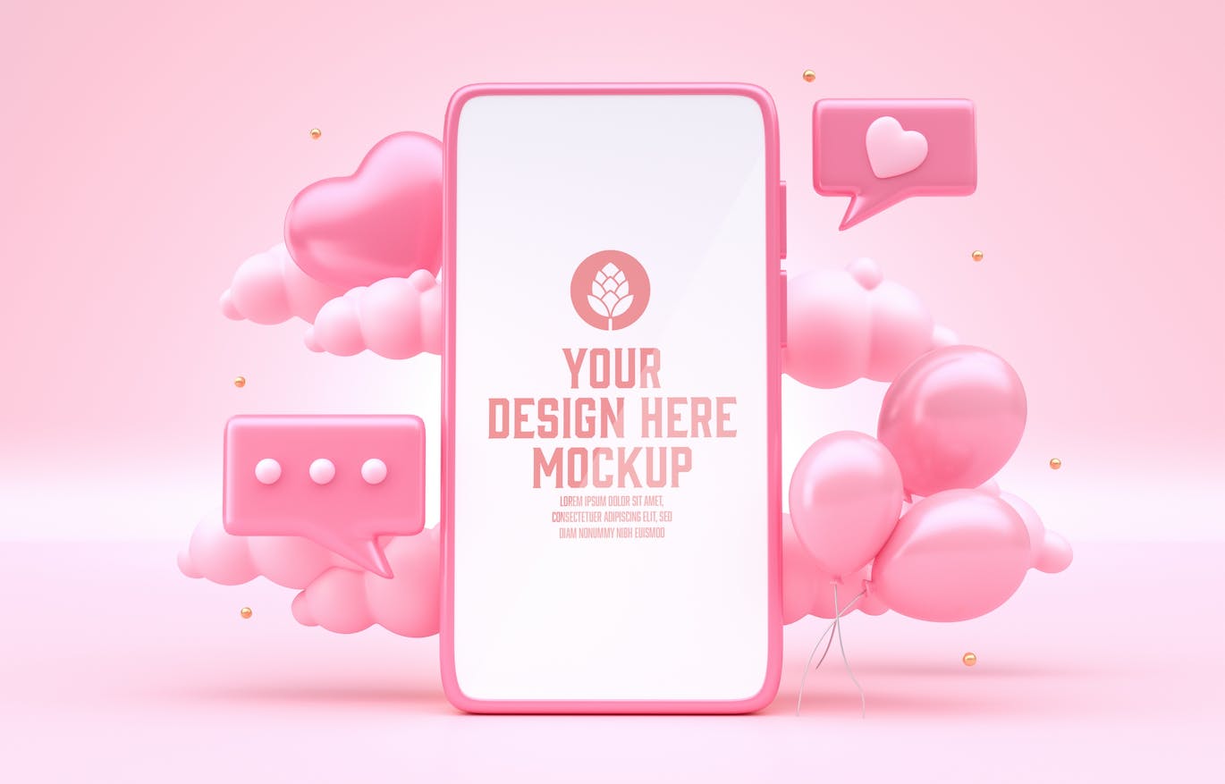 情人节3D装饰手机屏幕样机图psd素材 Set Valentine’s Day Concept with Mobile Mockup APP UI 第10张