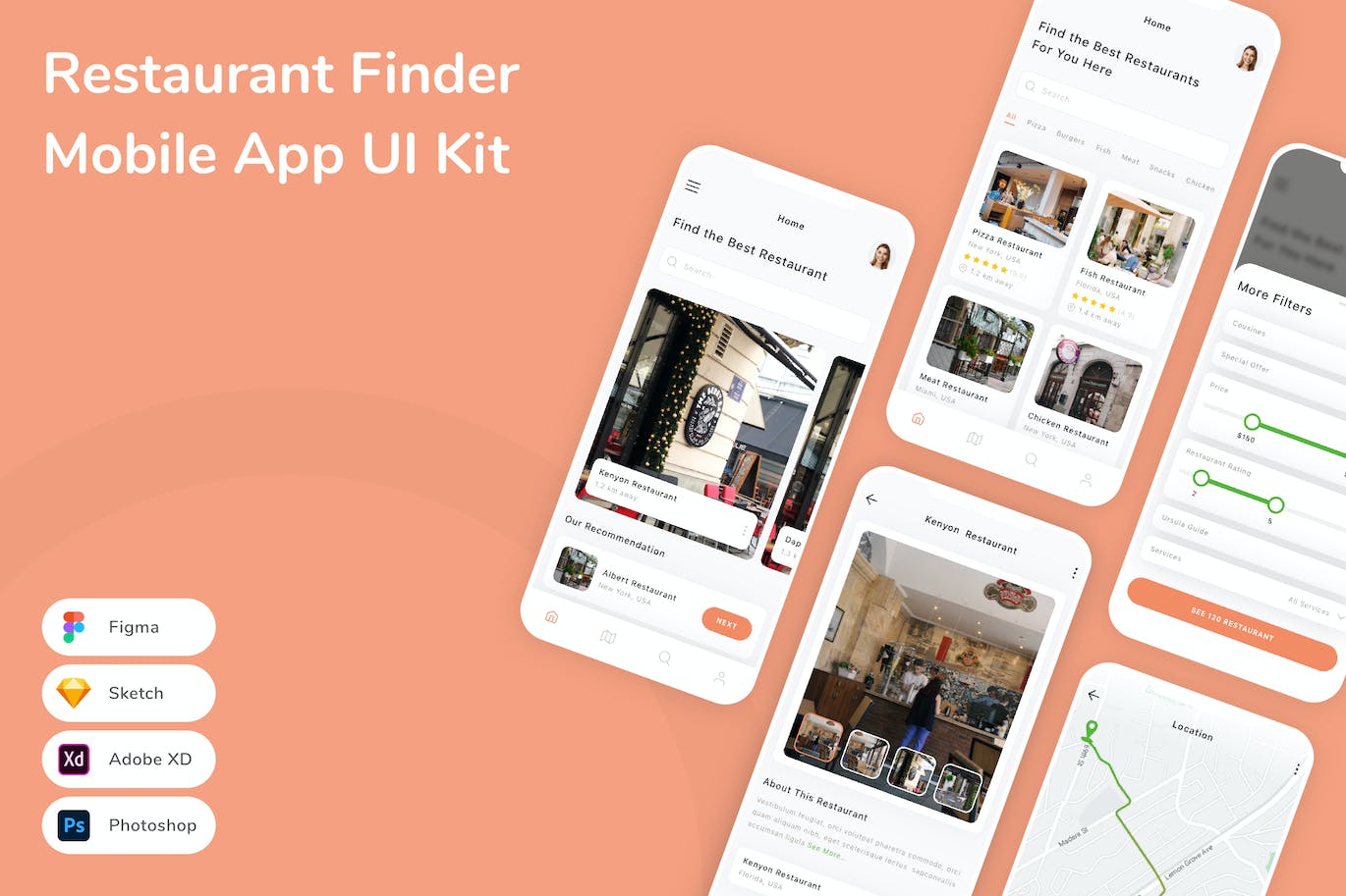 餐厅搜索移动应用UI设计套件 Restaurant Finder Mobile App UI Kit APP UI 第1张