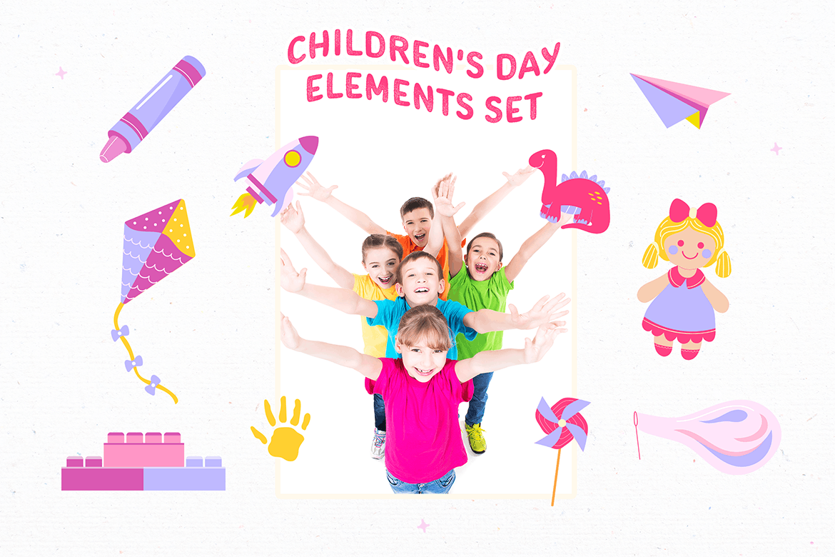 小粉红儿童节元素插画套装 Pinky children’s day elements set 图片素材 第4张
