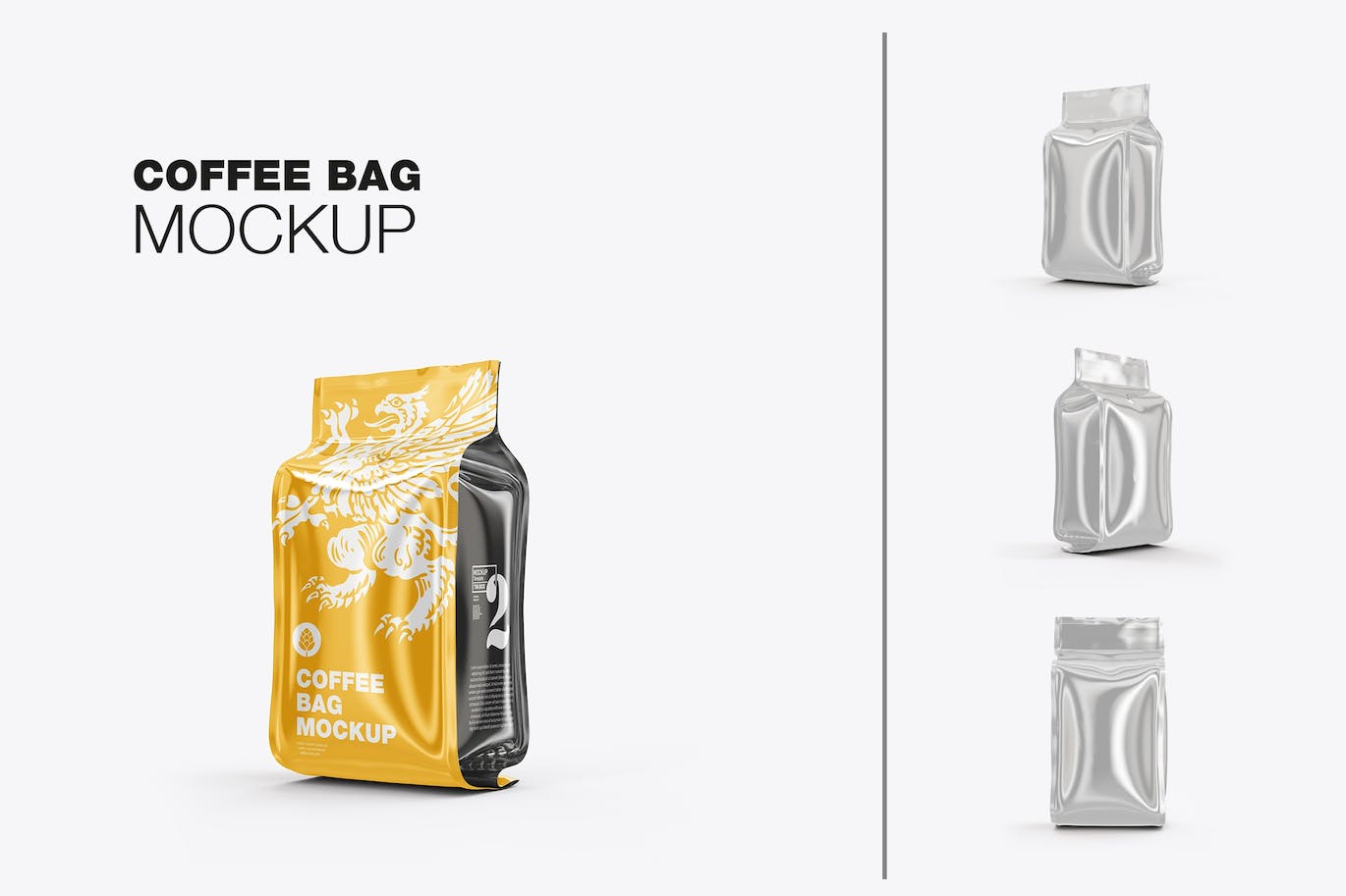 光滑的塑料纸咖啡袋包装设计样机图 Set Glossy Plastic Paper Coffee Bag Mockup 样机素材 第1张