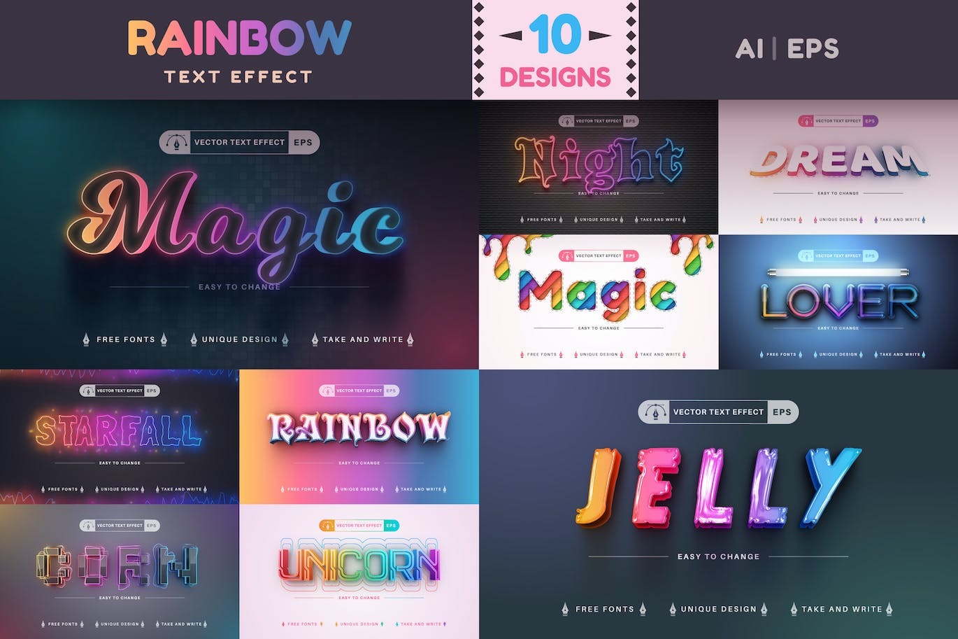 10种渐变彩虹矢量文字效果字体样式 Set 10 Rainbow Editable Text Effects, Font Styles 插件预设 第1张