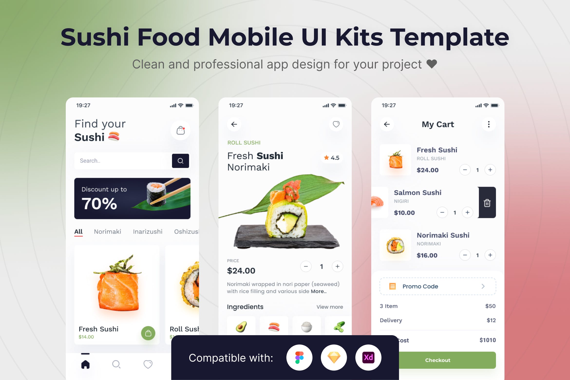 寿司食品App移动应用UI套件模板 Sushi Food Mobile App UI Kits Template APP UI 第1张