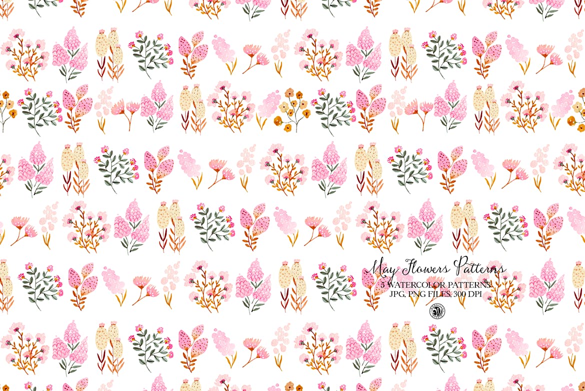 花朵绿植水彩图案素材 May Flowers Watercolor Patterns APP UI 第4张