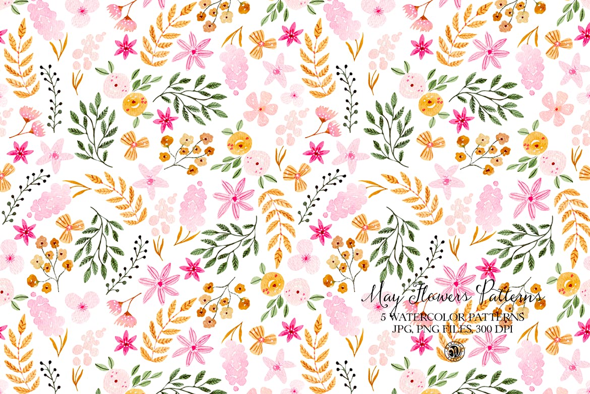花朵绿植水彩图案素材 May Flowers Watercolor Patterns APP UI 第3张