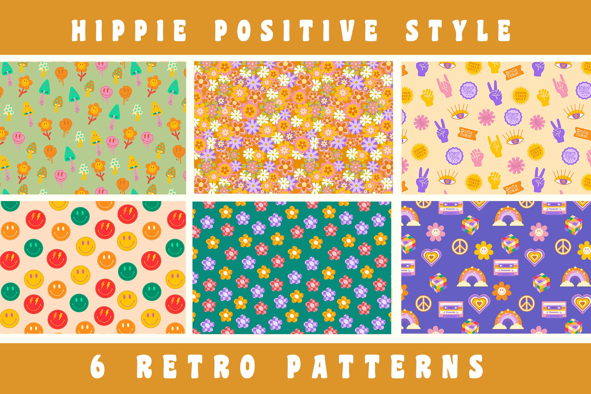 90年代复古嬉皮士无缝图案 Retro Hippie Seamless Patterns 90s 图片素材 第1张
