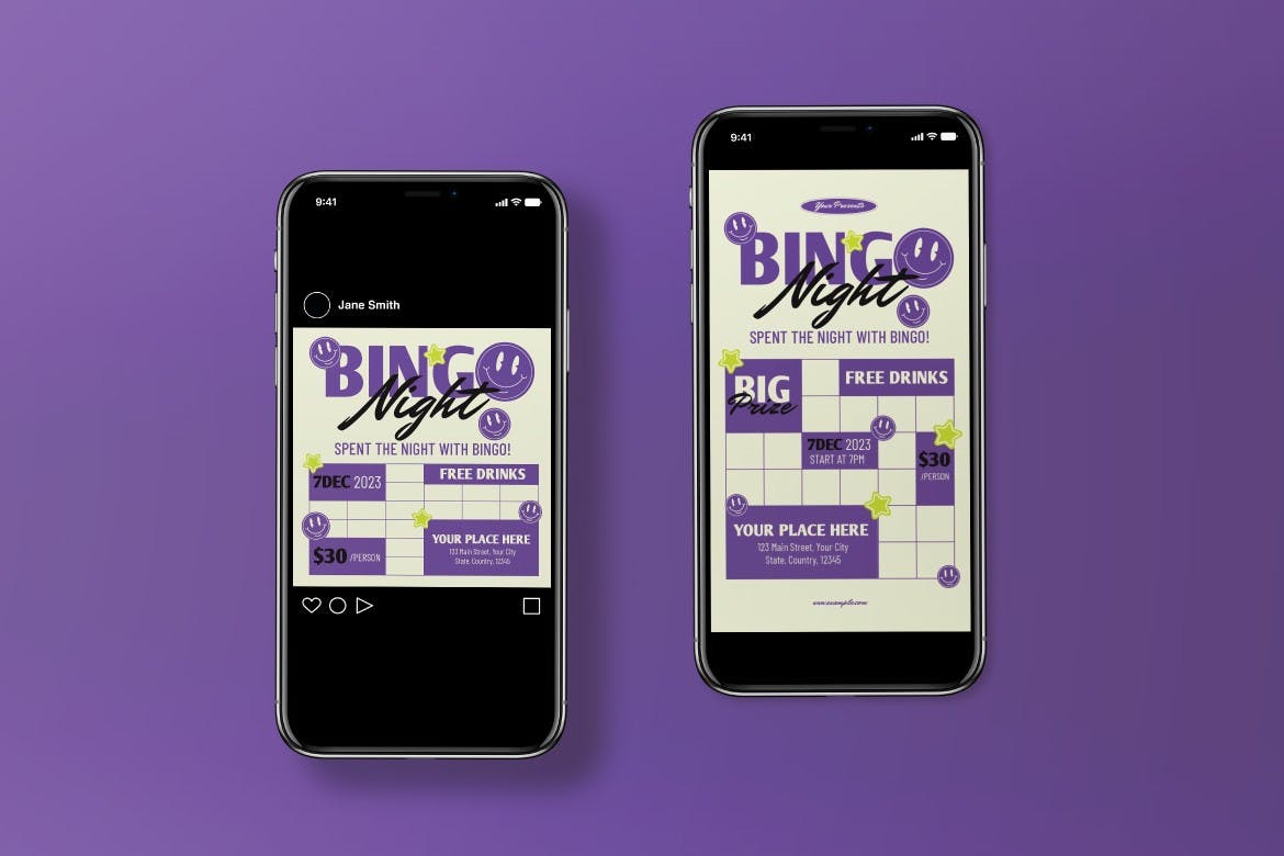 紫色宾果晚会海报传单设计模板 Purple Bingo Night Flyer Set 设计素材 第3张