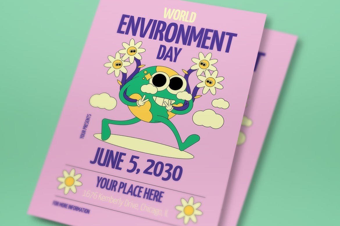 粉红色扁平设计世界环境日海报模板 Pink Flat Design World Environment Day Flyer Set 设计素材 第3张