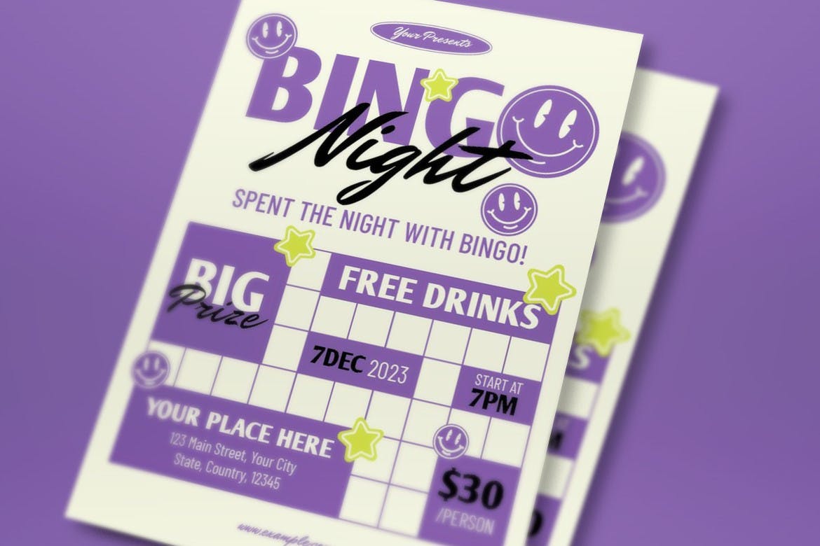 紫色宾果晚会海报传单设计模板 Purple Bingo Night Flyer Set 设计素材 第2张