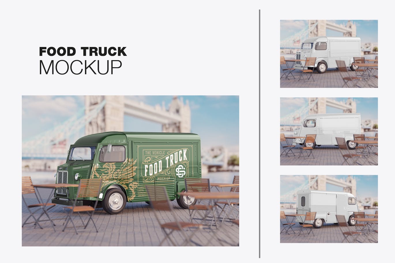 复古餐车广告场景样机图 Set Vintage Food Truck Scene Mockup 样机素材 第1张