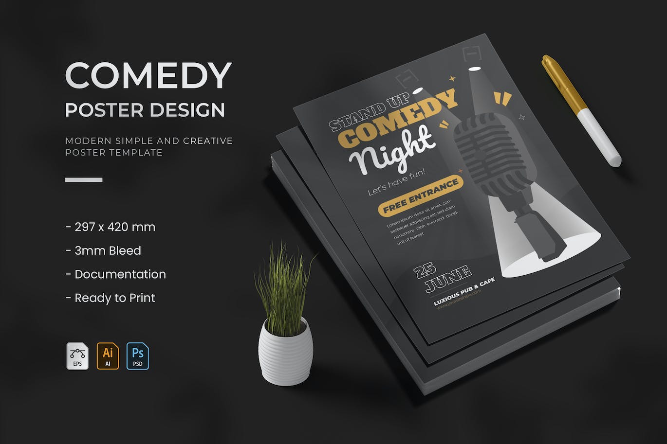 喜剧之夜派对传单设计模板 Comedy Night – Poster 设计素材 第1张