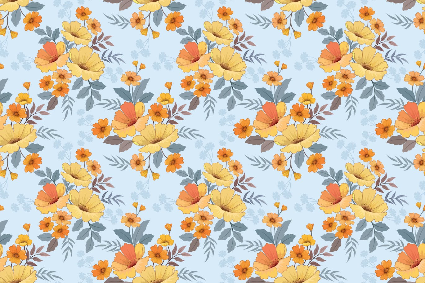 黄色和橙色花朵无缝图案素材 Yellow and orange flowers seamless pattern. 图片素材 第1张