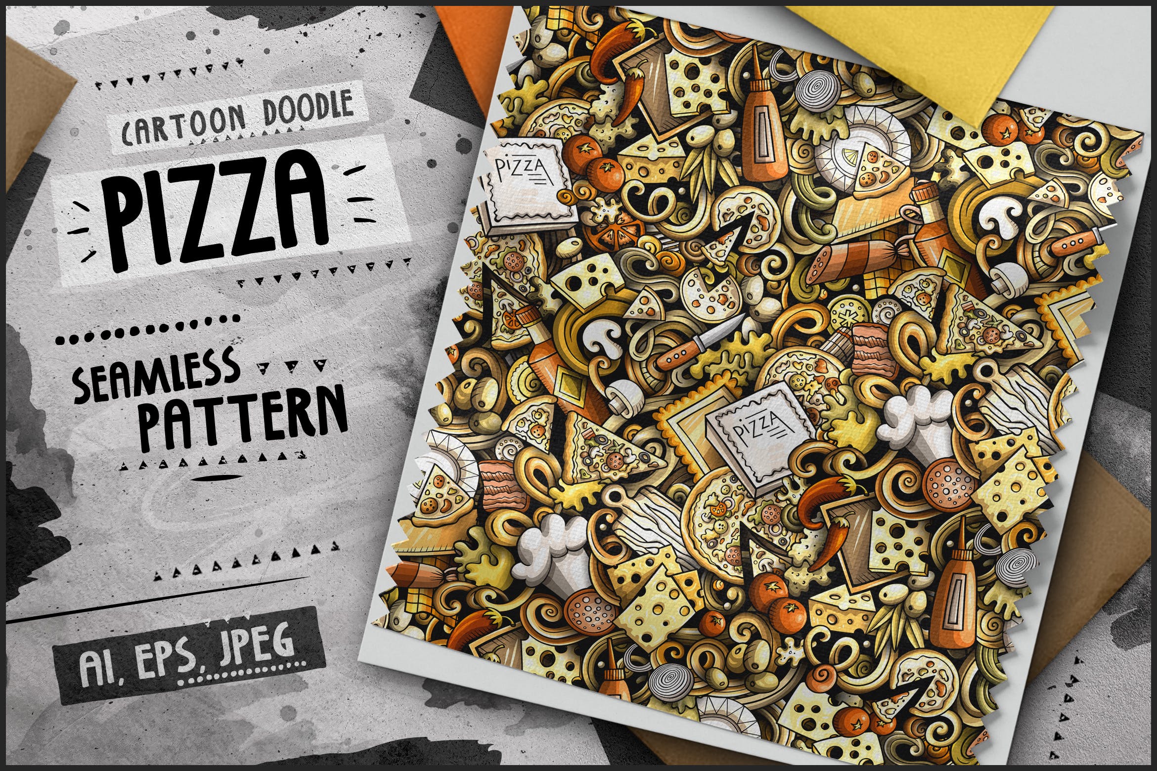 披萨卡通无缝图案素材 Pizza Cartoon Seamless Pattern 图片素材 第1张